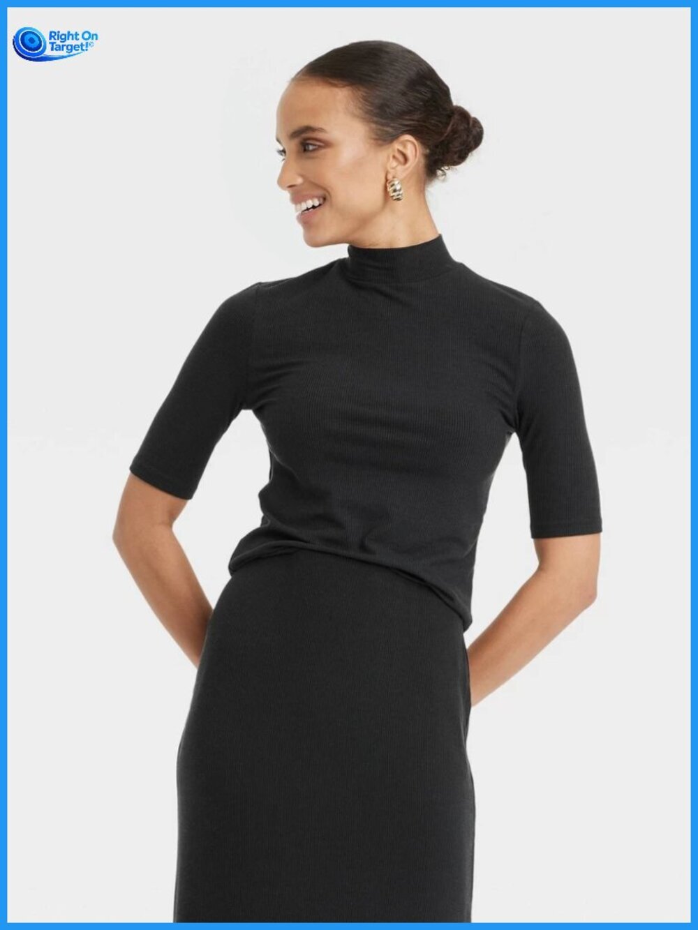XL - Womens Elbow Sleeve Mock Turtle Neck Ribbed T-Shirt - A New Day - Black